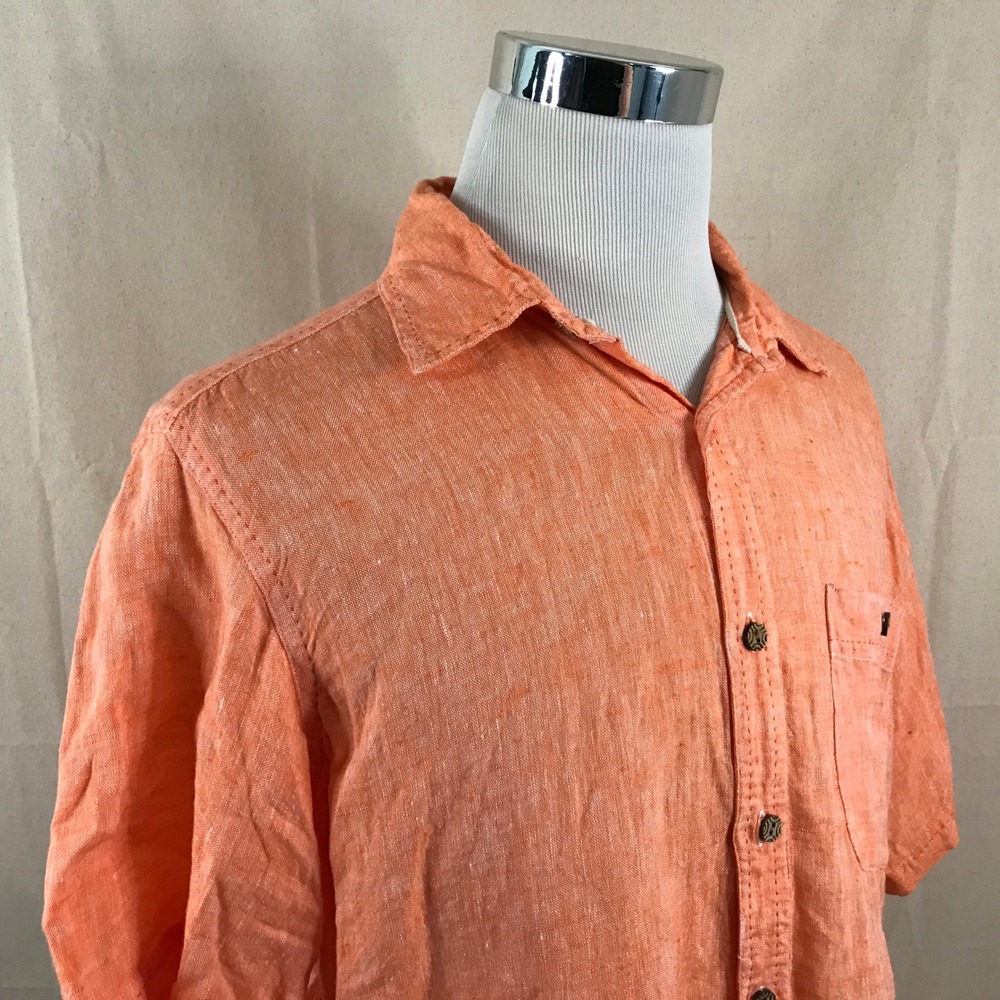 The Territory Ahead Medium 100% Linen Lounge Shirt Orange Short Sleeve Mens